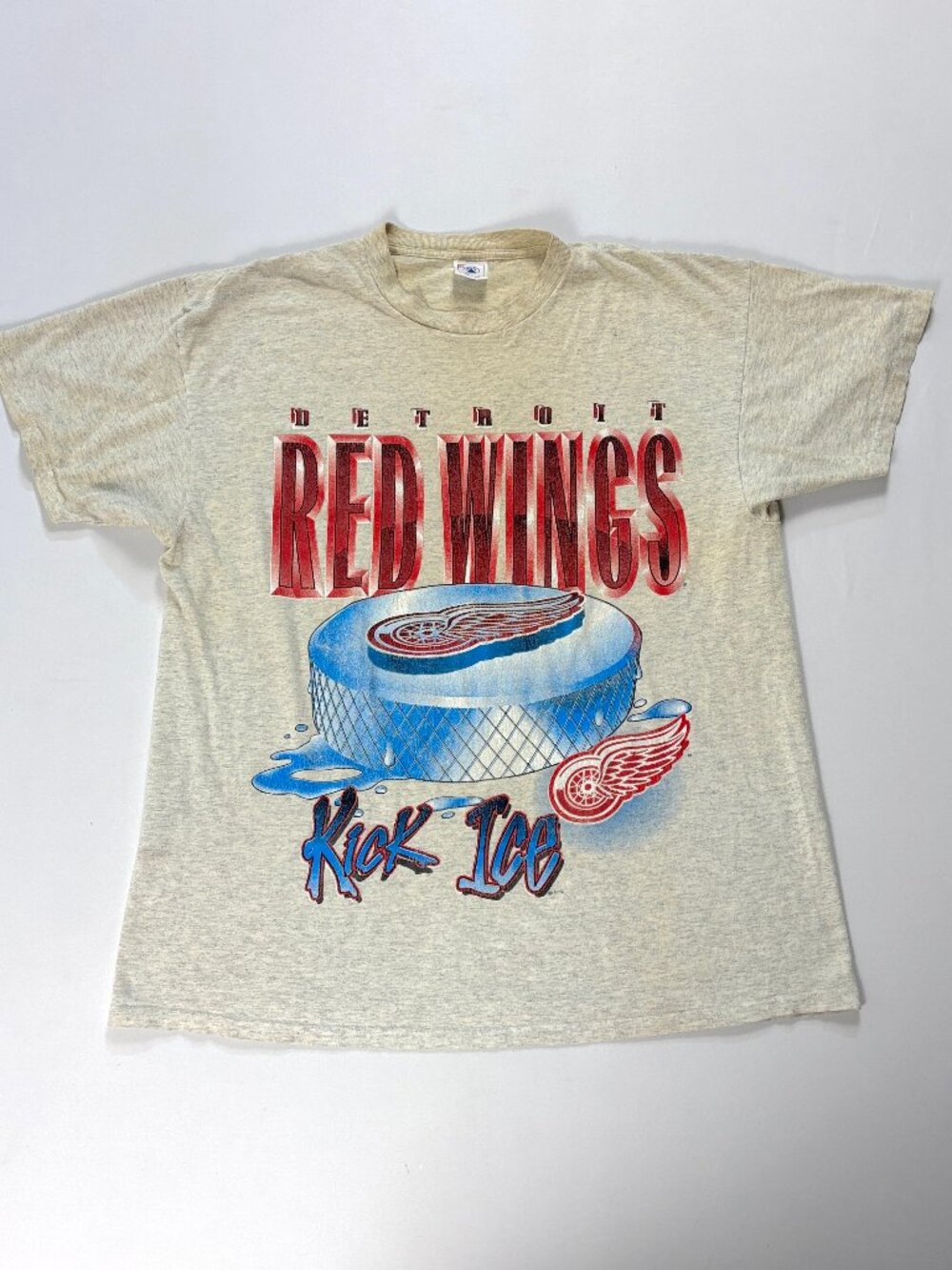 Vintage Detroit Red Wings Kick Ice Hockey Shirt Sz XL Delta Made USA Distressed